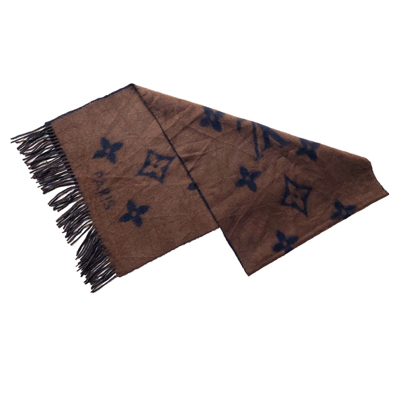 LOUIS VUITTON LV Reykjavik Brown-on-Black Reversible Cashmere Scarf Pre-owned - Picture 2 of 9